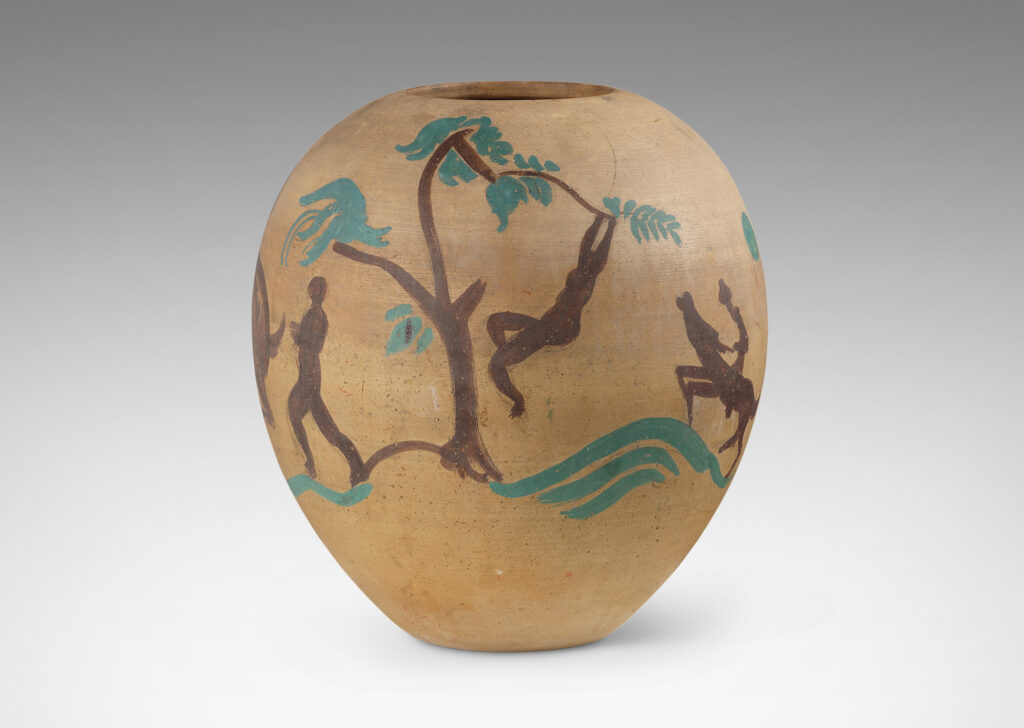 Gallery BAC large tapered ovoid form in a matte ochre tan wash hand-painted with bucolic scenes of figures, trees and horses