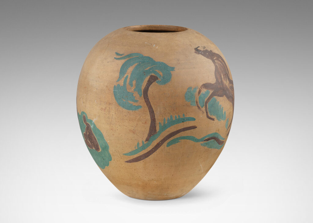 Gallery BAC large tapered ovoid form in a matte ochre tan wash hand-painted with bucolic scenes of figures, trees and horses