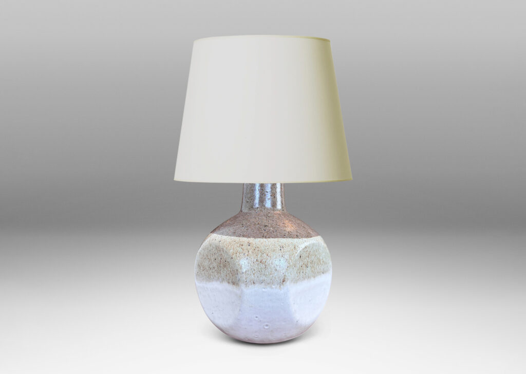 Gallery BAC spherical form squared with four flattened sides, in speckled gray, with speckled tan and ivory glazes
