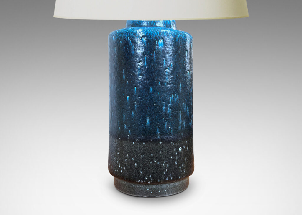 Gallery BAC chunky cylindrical form, glazed in a speckled cerulean over dark gray