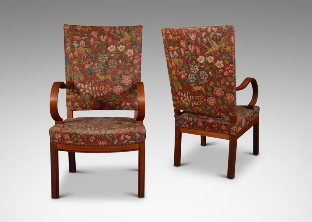 Gallery BAC exuberant rolling arms and gently swagged seat rails with square backs and orthogonal legs