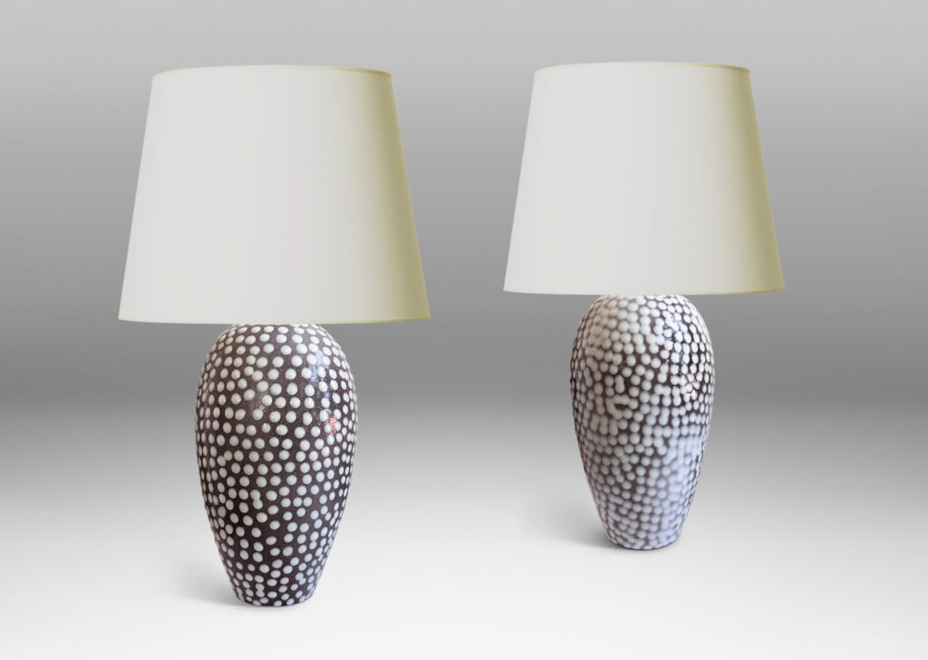 Gallery BAC tapered ovoid forms in gray glaze with applied white polka dots