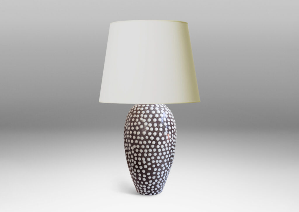 Gallery BAC tapered ovoid forms in gray glaze with applied white polka dots