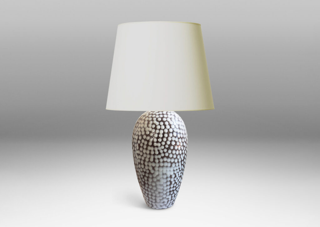 Gallery BAC tapered ovoid forms in gray glaze with applied white polka dots
