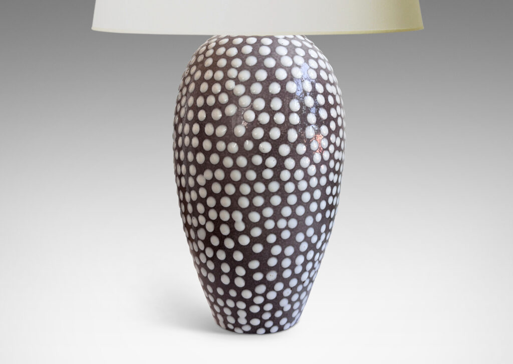 Gallery BAC tapered ovoid forms in gray glaze with applied white polka dots