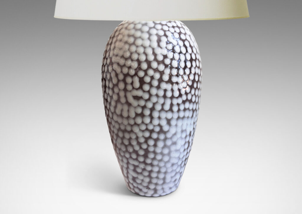 Gallery BAC tapered ovoid forms in gray glaze with applied white polka dots