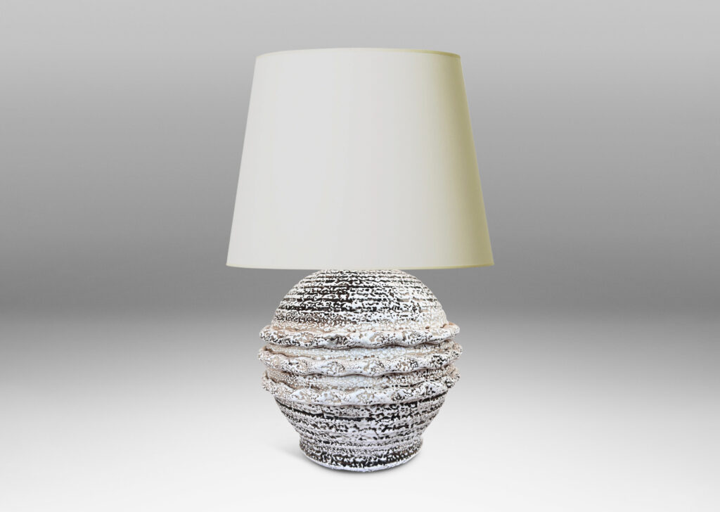 Gallery BAC globe form with applied piecrust style banding, glazed in a white “crispé” layer over matte brown