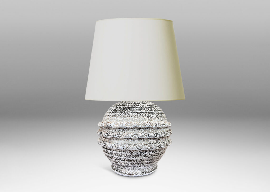 Gallery BAC globe form with applied piecrust style banding, glazed in a white “crispé” layer over matte brown