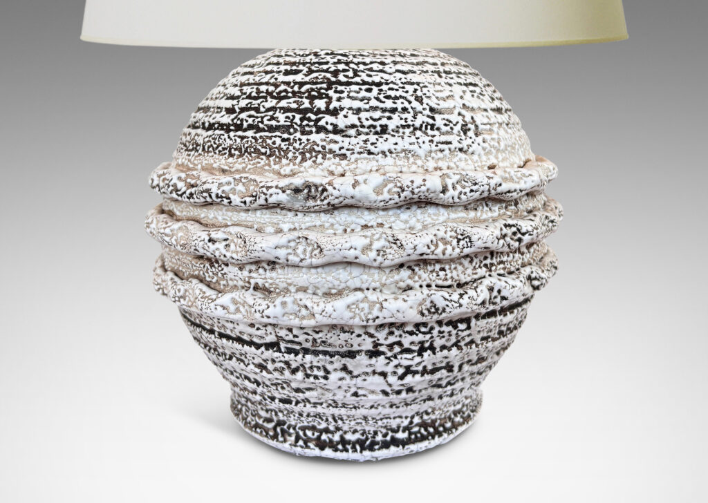 Gallery BAC globe form with applied piecrust style banding, glazed in a white “crispé” layer over matte brown