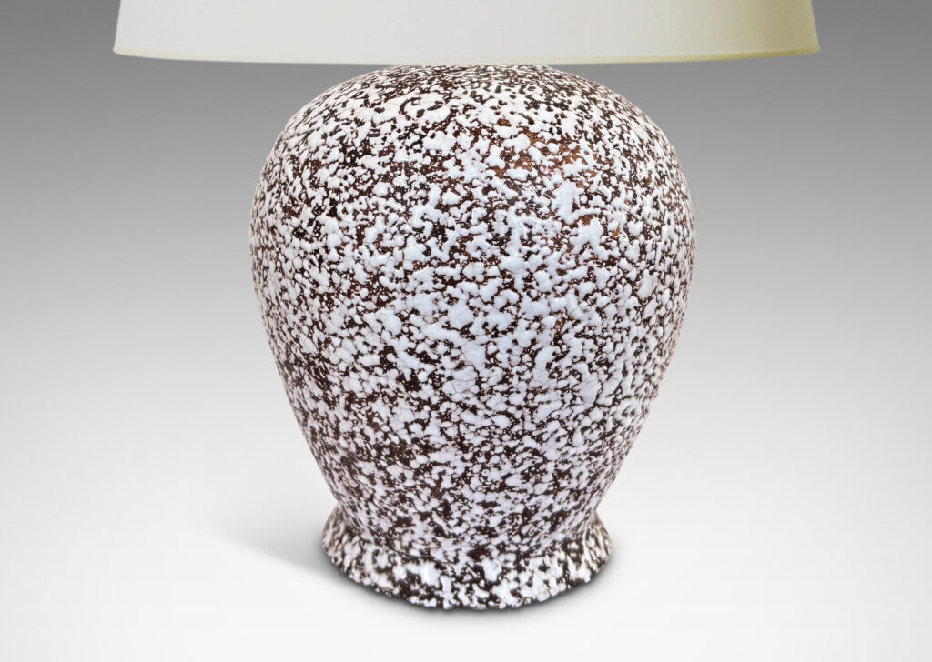 Gallery BAC tapered ovoid form with flanged base, glazed in a white “crispé” layer over matte brown
