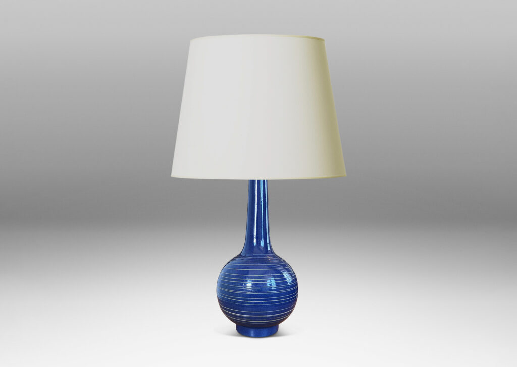 Gallery BAC globe body and tall neck, glazed in a deep blue with encircling sgraffito pinstripes