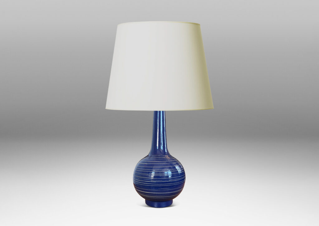 Gallery BAC globe body and tall neck, glazed in a deep blue with encircling sgraffito pinstripes