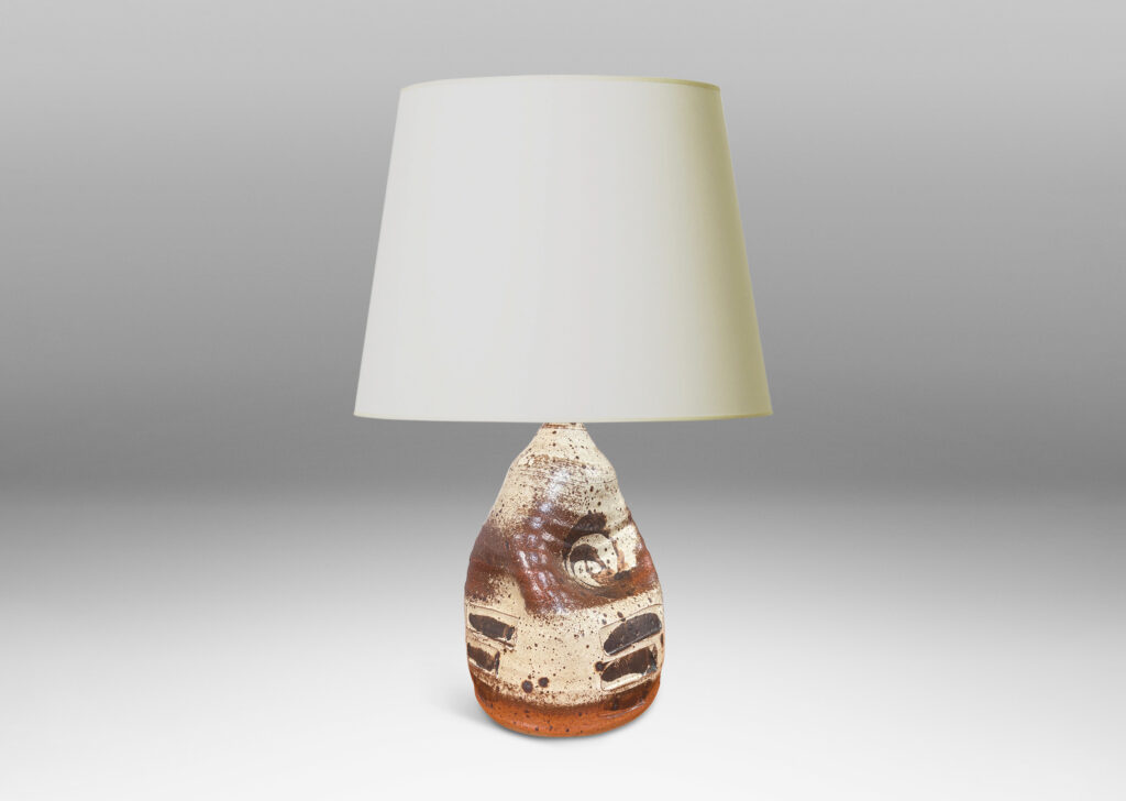 Gallery BAC beehive-like form pressed in on four sides, brushily glazed in pale gray with abstract motifs in dark brown