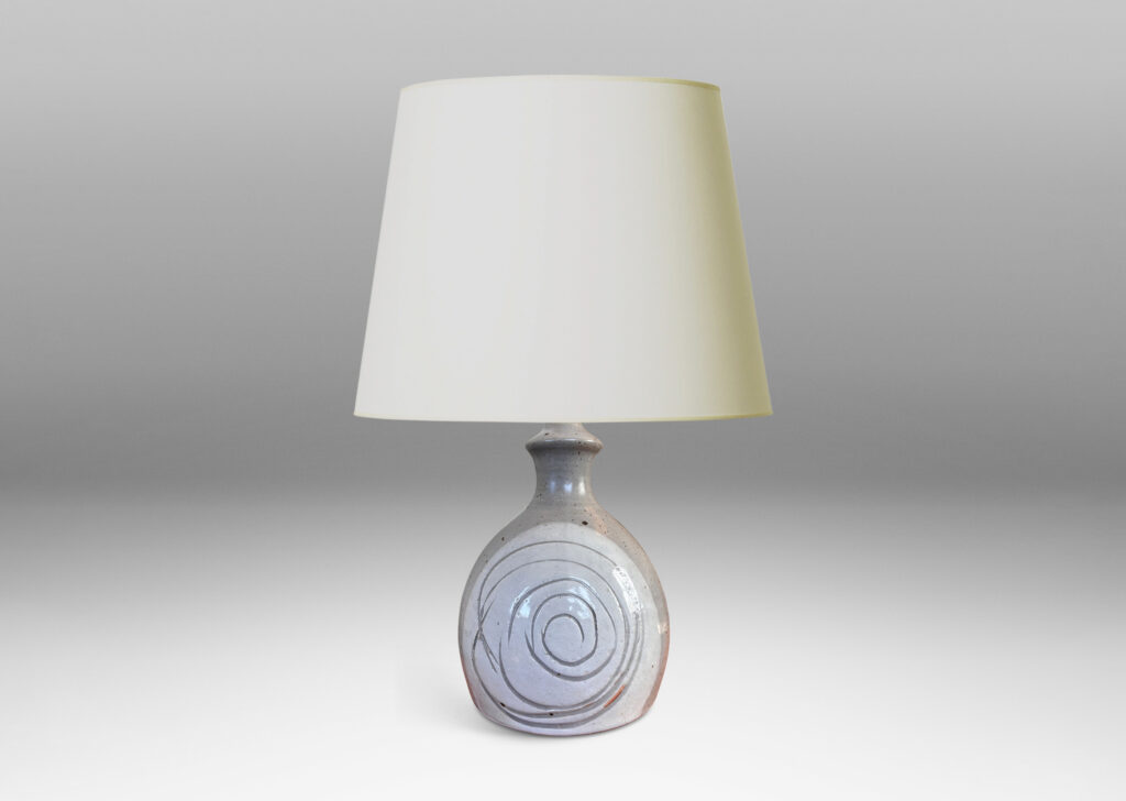 Gallery BAC half ovoid gumdrop form with sprouting neck, partially glazed in medium and light gray with sgraffito spirals