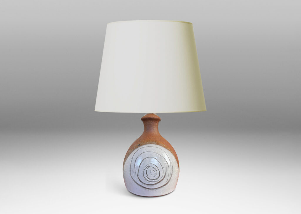 Gallery BAC half ovoid gumdrop form with sprouting neck, partially glazed in medium and light gray with sgraffito spirals