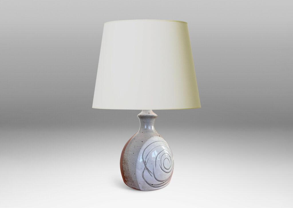 Gallery BAC half ovoid gumdrop form with sprouting neck, partially glazed in medium and light gray with sgraffito spirals