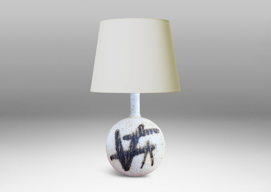Gallery BAC globe form with slender neck, glazed in a matte speckled pale gray, with abstract design in dark brown