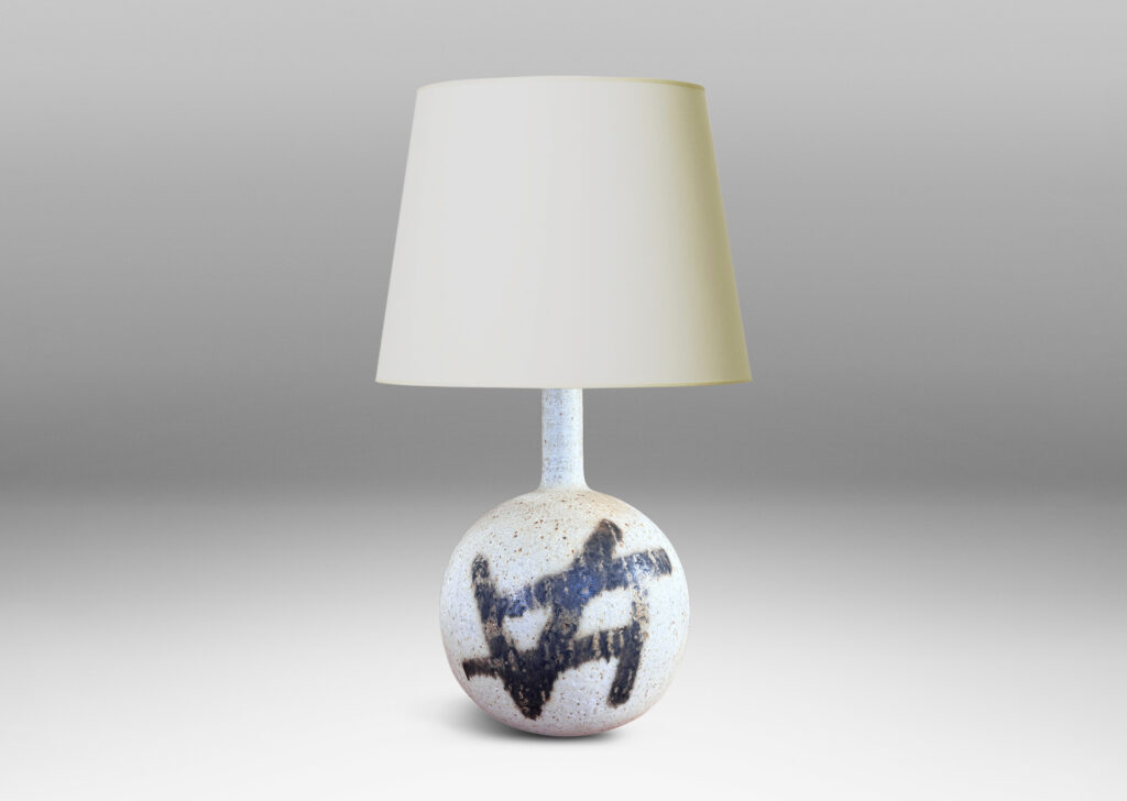 Gallery BAC globe form with slender neck, glazed in a matte speckled pale gray, with abstract design in dark brown