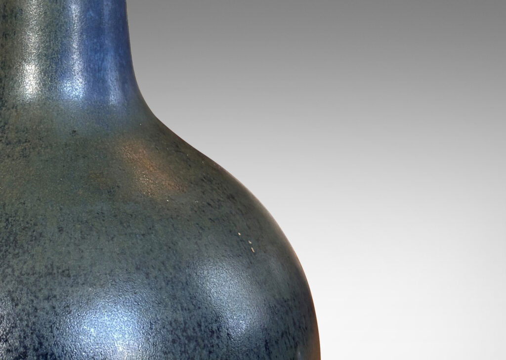 Gallery BAC bulbous form with sprouting conical neck, glazed a dark navy