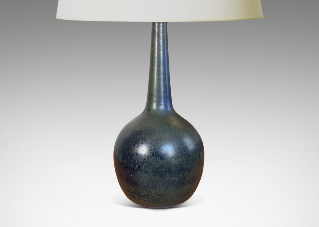Gallery BAC bulbous form with sprouting conical neck, glazed a dark navy