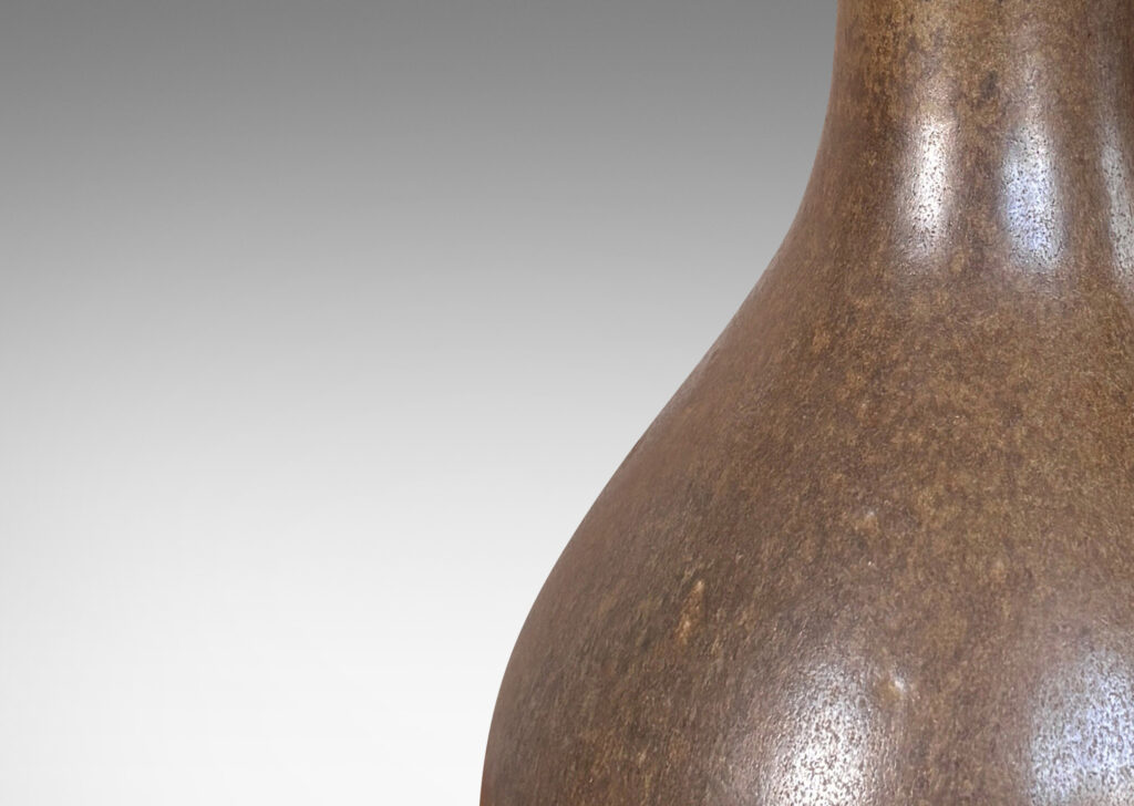 Gallery BAC bulbous form with sprouting conical neck, glazed in deep olive-brown tones
