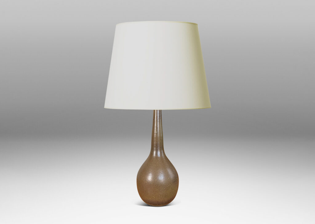 Gallery BAC bulbous form with sprouting conical neck, glazed in deep olive-brown tones