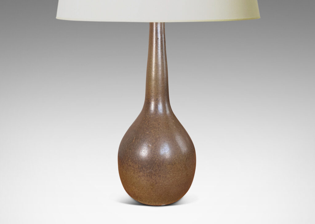 Gallery BAC bulbous form with sprouting conical neck, glazed in deep olive-brown tones