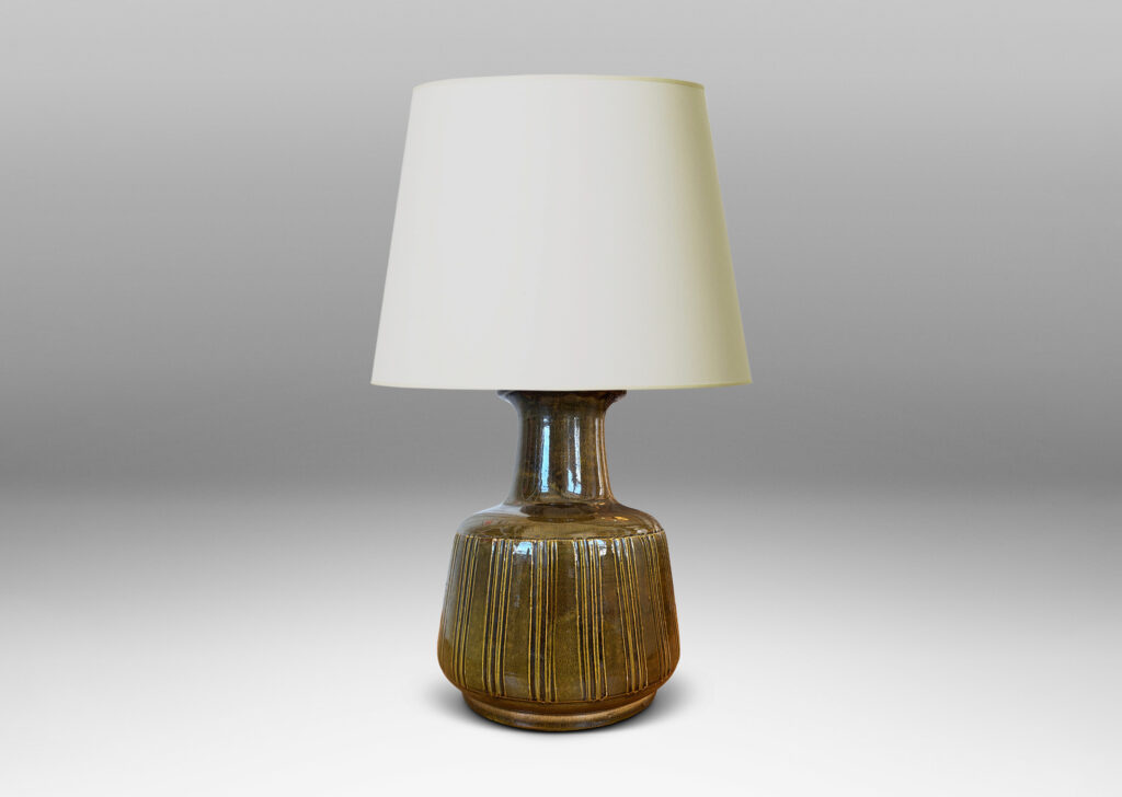 Gallery BAC angled drum form with carved vertical stripes and wide neck, glazed in yellow/gray