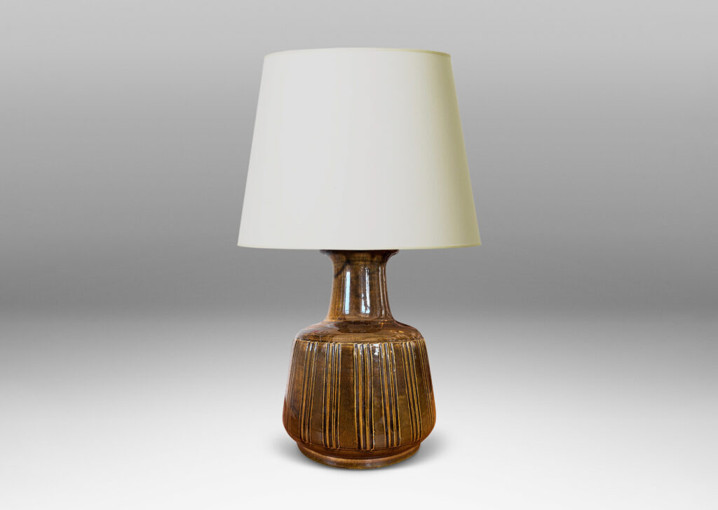 Gallery BAC angled drum form with carved vertical stripes and wide neck, glazed in yellow/gray