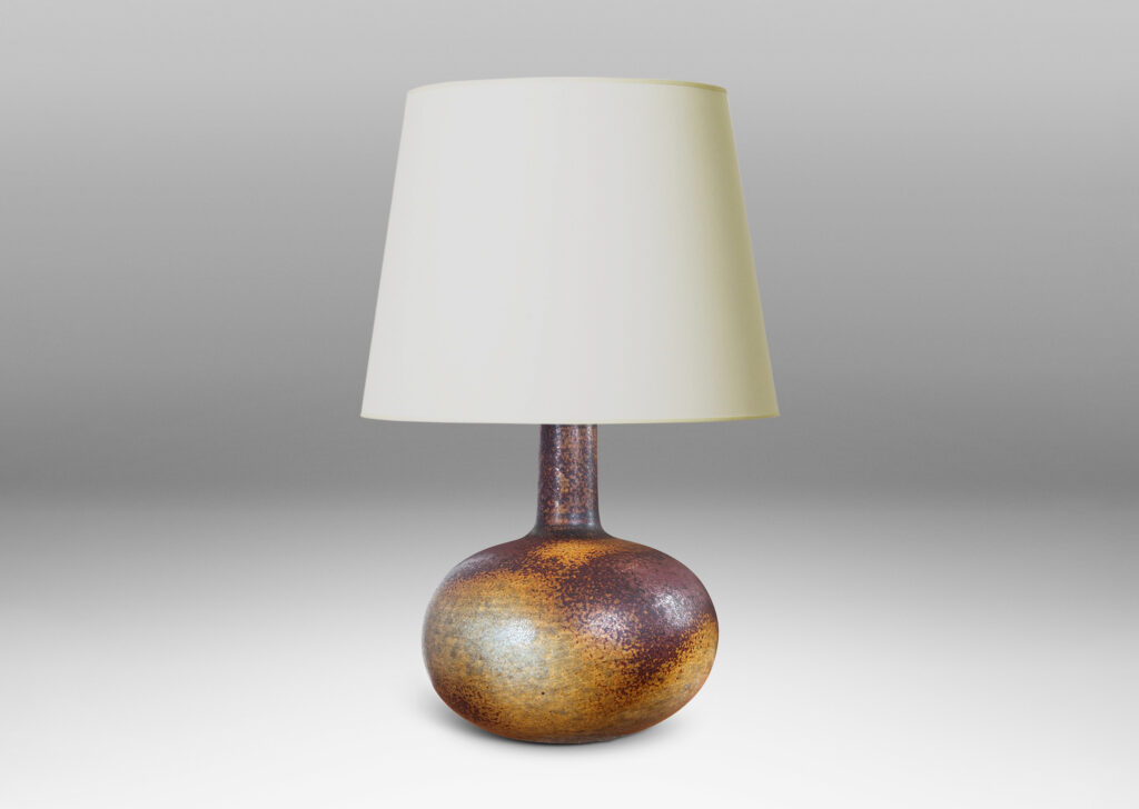 Gallery BAC gourd form with compressed globe body and tall neck glazed in airy brown and tan