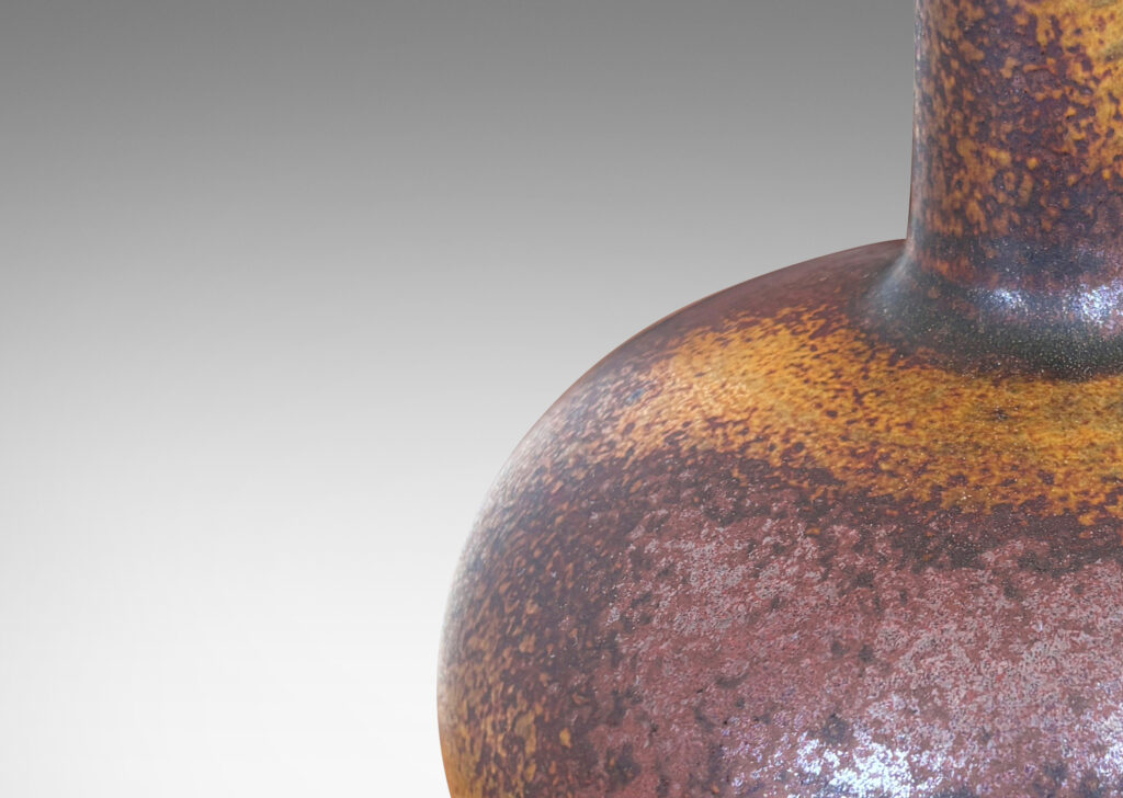 Gallery BAC gourd form with compressed globe body and tall neck glazed in airy brown and tan