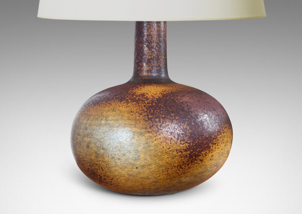 Gallery BAC gourd form with compressed globe body and tall neck glazed in airy brown and tan