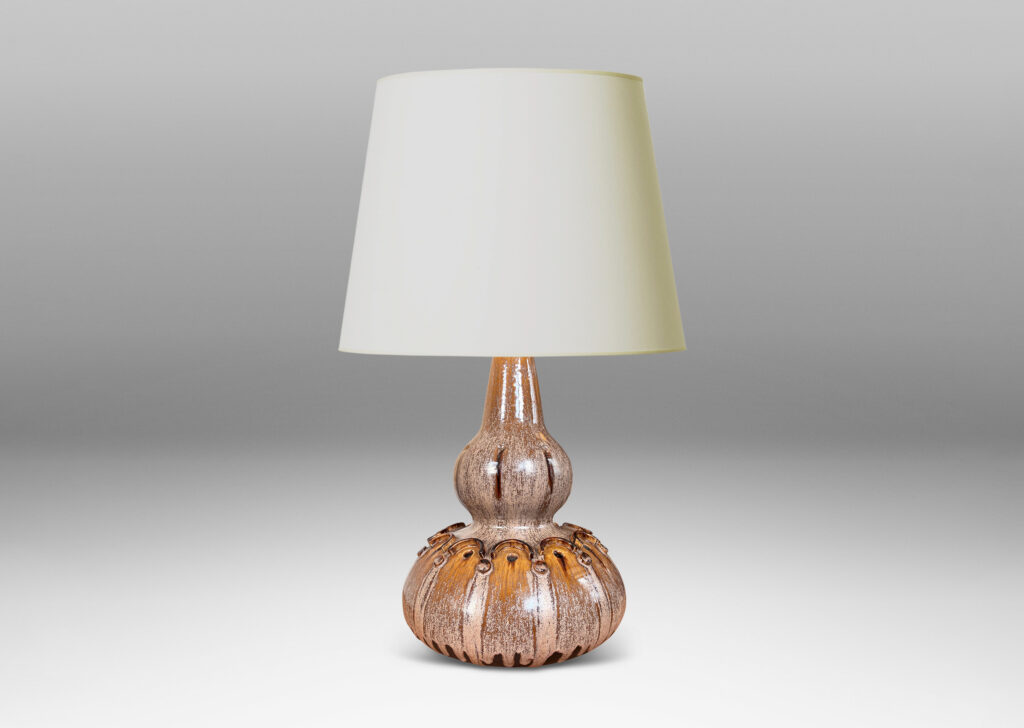 Gallery BAC dramatic double gourd form punctuated with impressed and relief geometric motifs, glazed in mocha brown with pale puce-taupe