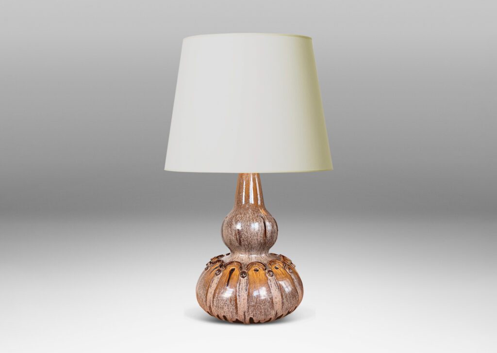 Gallery BAC dramatic double gourd form punctuated with impressed and relief geometric motifs, glazed in mocha brown with pale puce-taupe