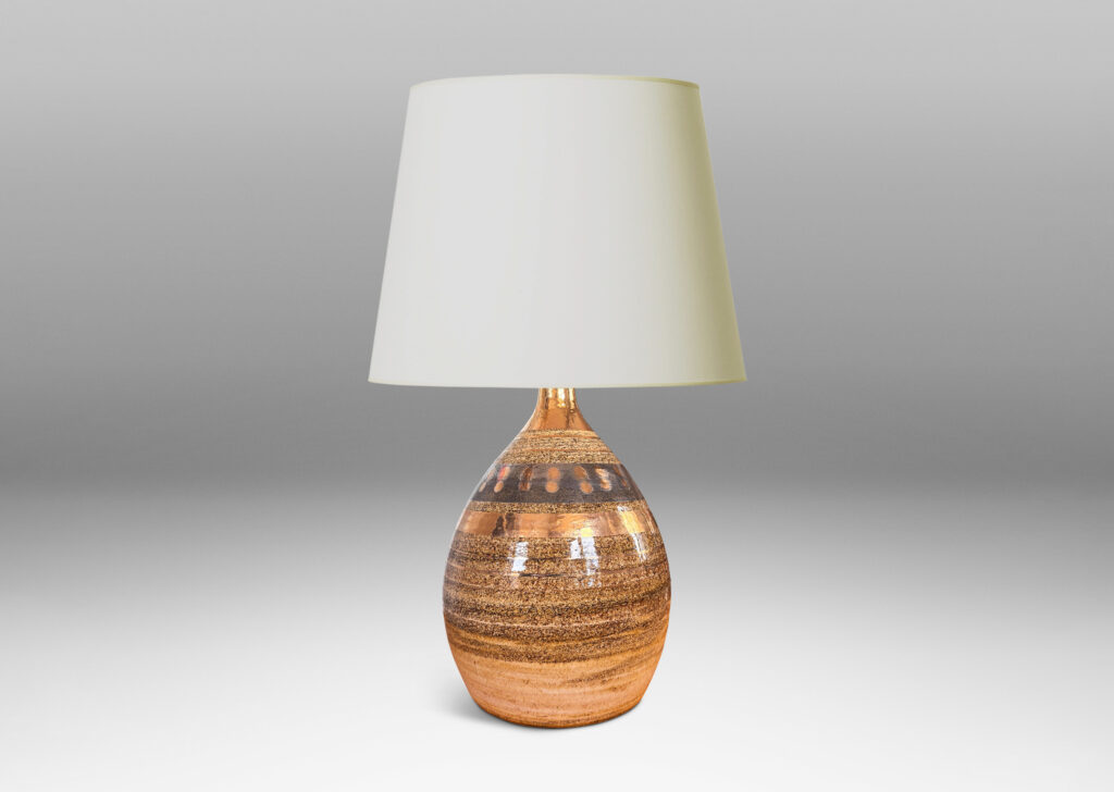 Gallery BAC organic fig-like peaked ovoid form, glazed with textured sandy tones and gilded stripes