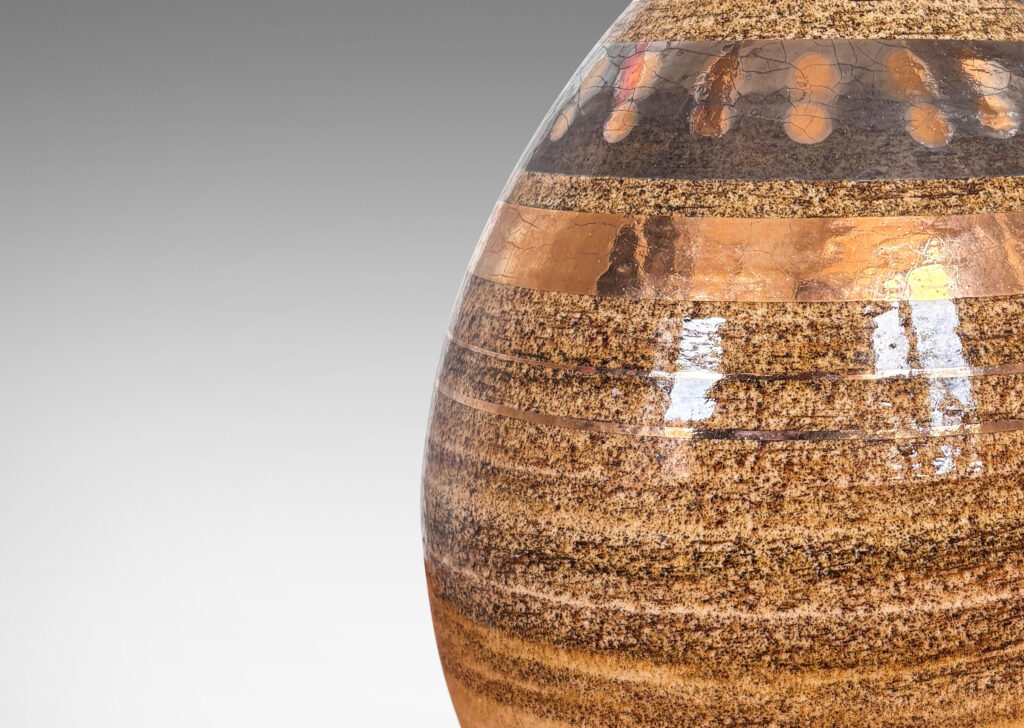 Gallery BAC organic fig-like peaked ovoid form, glazed with textured sandy tones and gilded stripes