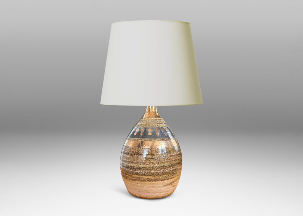 Gallery BAC organic fig-like peaked ovoid form, glazed with textured sandy tones and gilded stripes