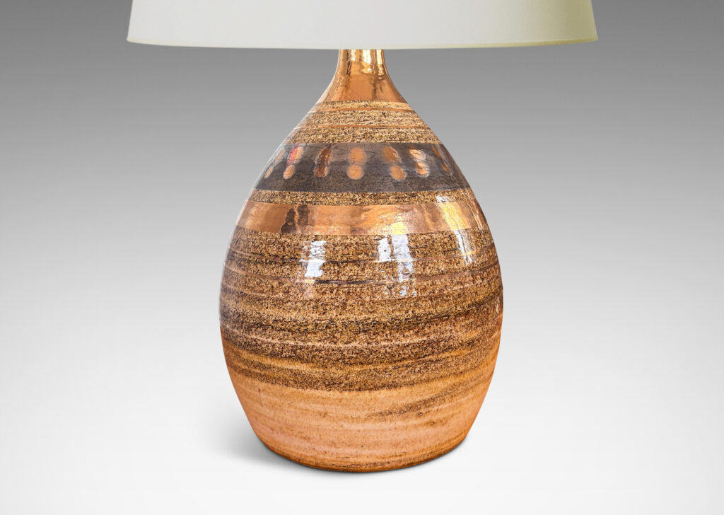 Gallery BAC organic fig-like peaked ovoid form, glazed with textured sandy tones and gilded stripes