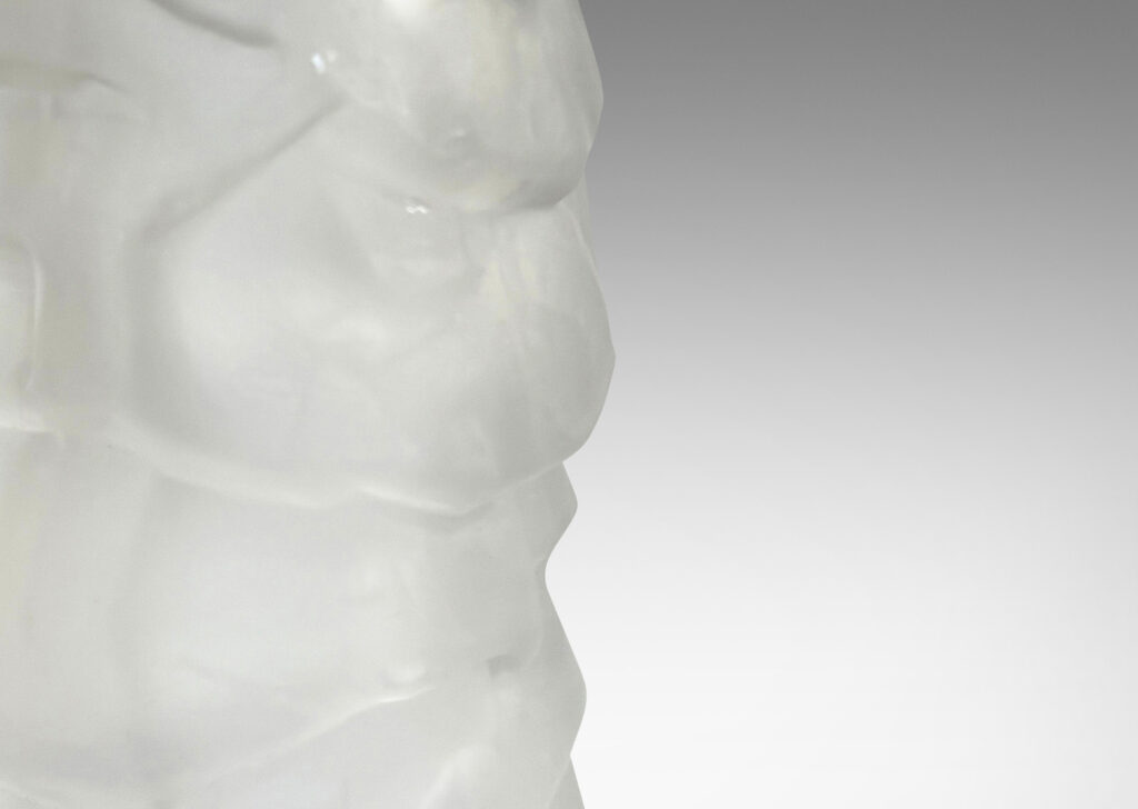 Gallery BAC cylindrical bases mold-blown with a rock-like relief, sandblasted glass with steel mounts