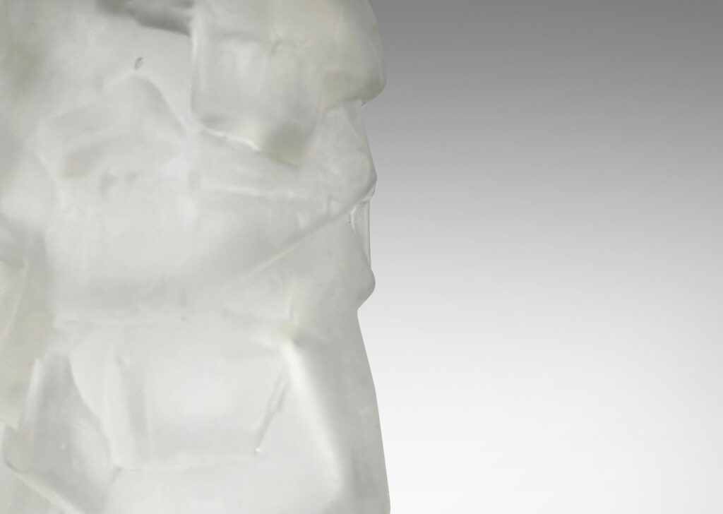 Gallery BAC cylindrical bases mold-blown with a rock-like relief, sandblasted glass with steel mounts