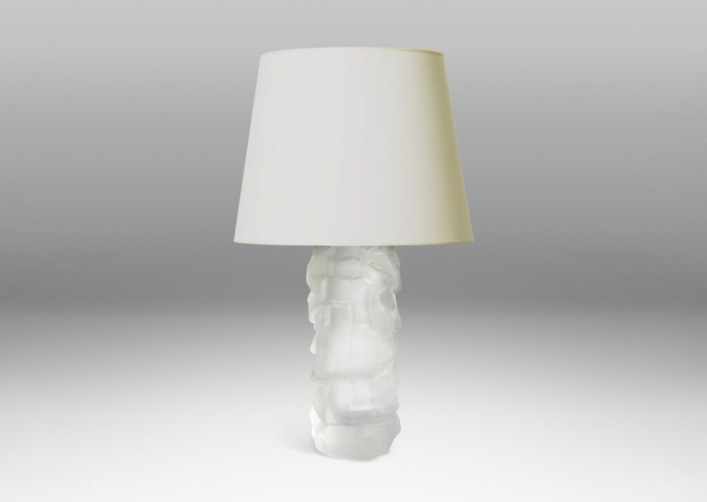 Gallery BAC cylindrical bases mold-blown with a rock-like relief, sandblasted glass with steel mounts