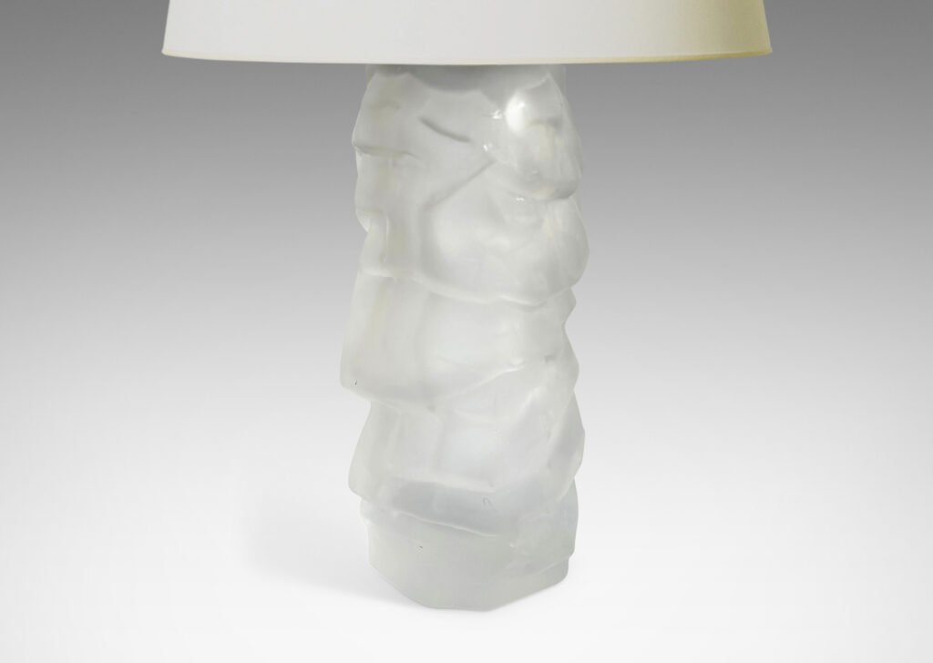 Gallery BAC cylindrical bases mold-blown with a rock-like relief, sandblasted glass with steel mounts