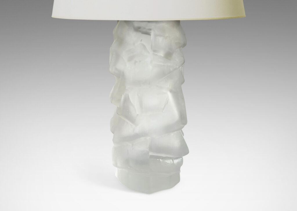 Gallery BAC cylindrical bases mold-blown with a rock-like relief, sandblasted glass with steel mounts