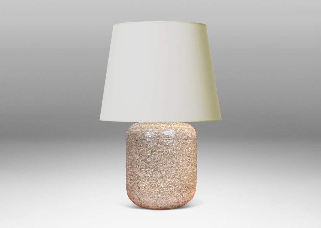 Gallery BAC rounded cylindrical form with textured surfacing, glazed in a pale sand tone with thin gray wash
