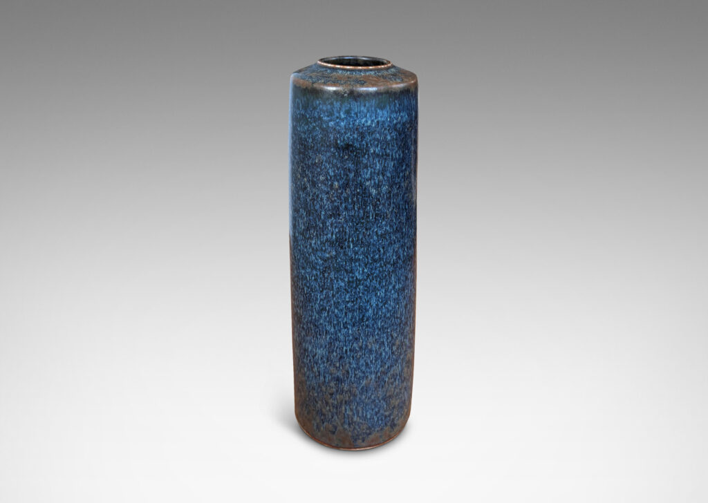 Gallery BAC tall cylindrical form with flush mouth, glazed in black-dark gray and brown