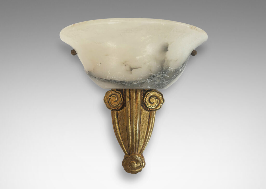 Gallery BAC mounts ornamented with stylized flora and bell-form shades; gilded metal and alabaster