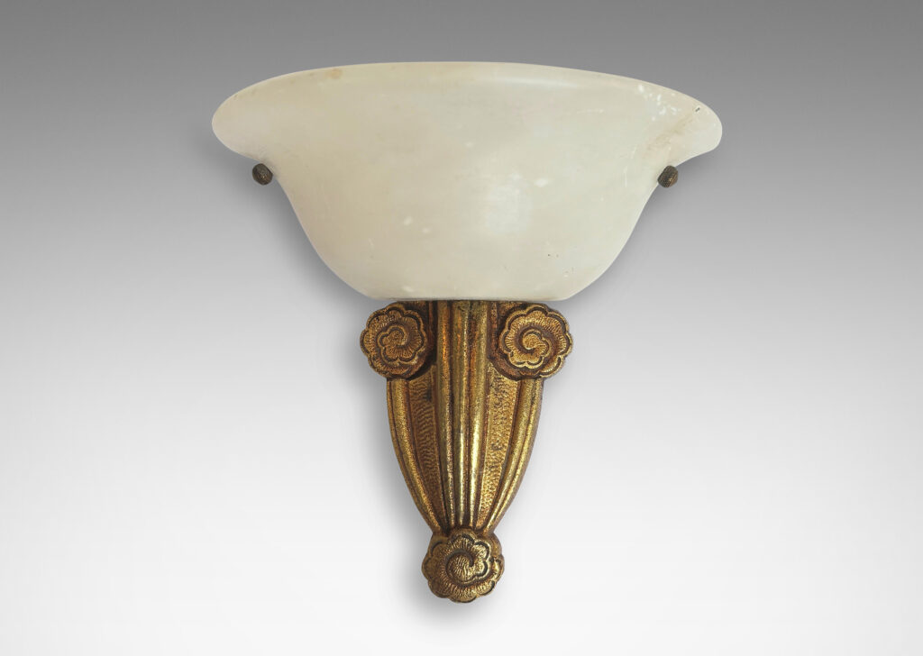 Gallery BAC mounts ornamented with stylized flora and bell-form shades; gilded metal and alabaster