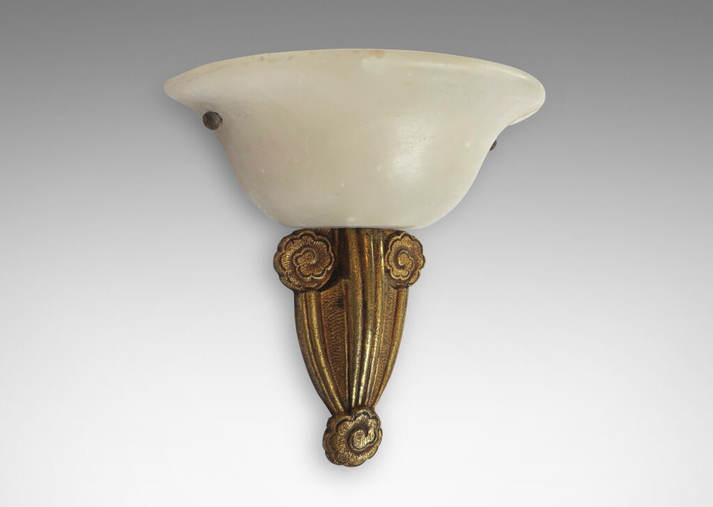 Gallery BAC mounts ornamented with stylized flora and bell-form shades; gilded metal and alabaster
