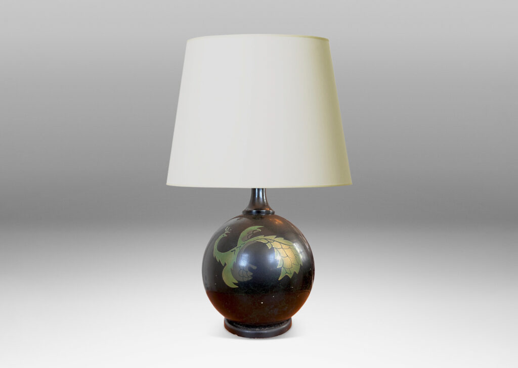 Gallery BAC globe form with a painted black finish with floating phoenix motifs in green tones; wood