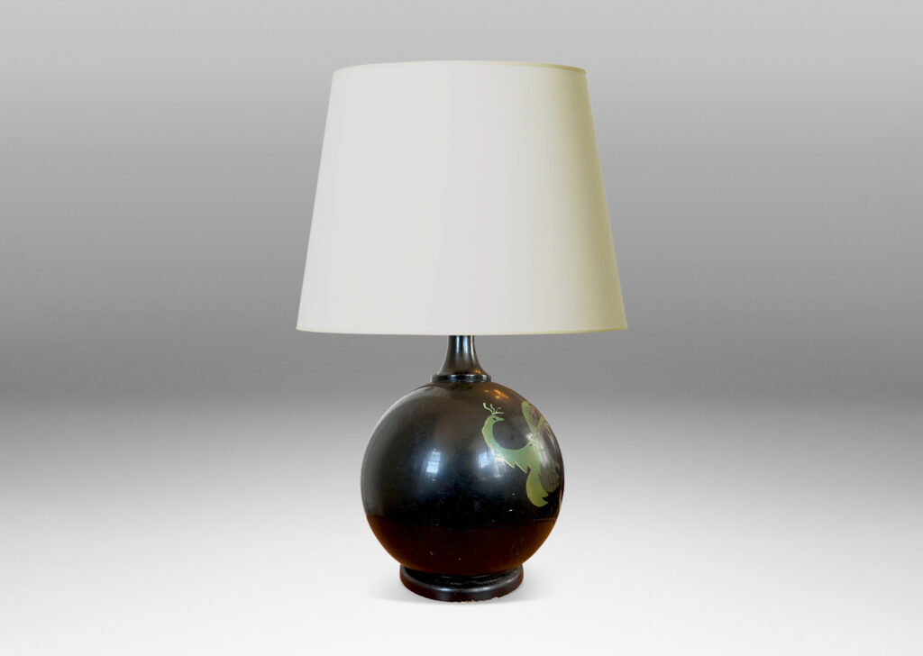 Gallery BAC globe form with a painted black finish with floating phoenix motifs in green tones; wood